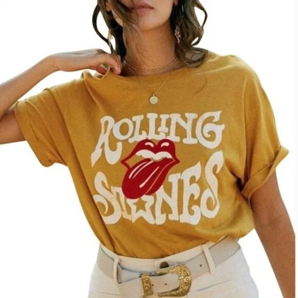 Daydreamer Rolling Stones Band Tee Crewneck Graphic Short Sleeve Yellow Size S - Picture 1 of 7
